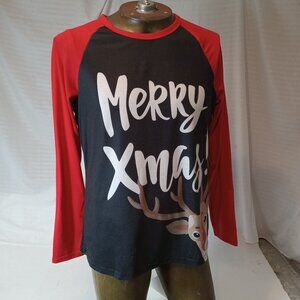 PatPat Christmas Reindeer Plaid Raglan Shirt Women’s Large Long Sleeve Holiday